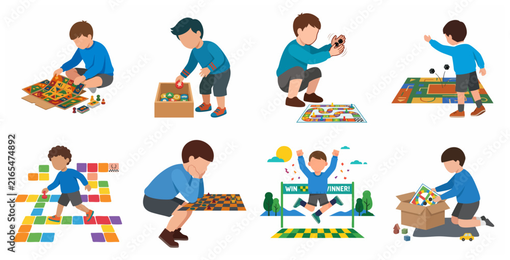 Fototapeta premium Collection of Little Boy Character Playing Various Board Games, Rolling Dice, and Winning Set