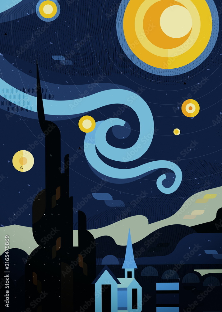 Naklejka premium Dreamy Night House Vector Illustration with a Cozy Home Surrounded by a Swirling Spiral Sky, Creating a Magical and Hypnotic Midnight Atmosphere