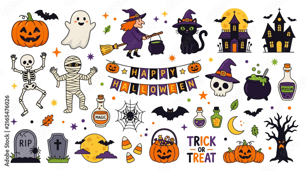 Fototapeta premium A set of Halloween festive clipart illustrations and graphic design elements