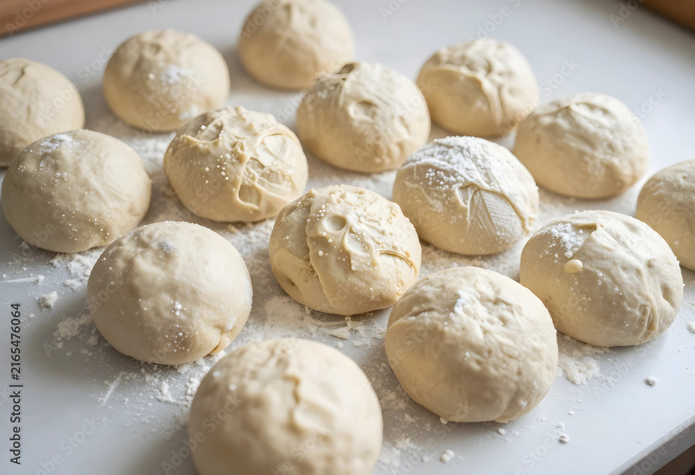 Fototapeta premium Homemade bread dough balls for baking, fresh pastry preparation, traditional cooking and culinary arts