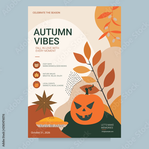 Autumn Vibes Fall Festival Poster Template with Halloween Pumpkin and Autumn Leaves Vector. Halloween events, harvest celebrations, flyers, social media, and promotional designs.