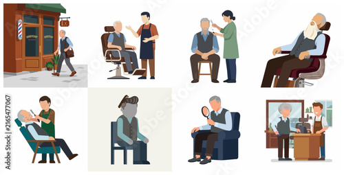 Set of illustrations showing an elderly man's journey at a barbershop, including haircut, beard trim, and grooming services.
