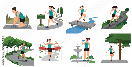 Flat vector illustration set of a woman running and exercising in various outdoor environments for fitness and healthy lifestyle concepts.