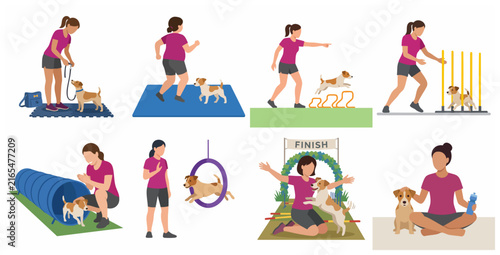 Agility dog training set with woman and small terrier. Various pet education scenes including jumping, tunnel, weave poles, and celebration. Flat vector illustration isolated on white.