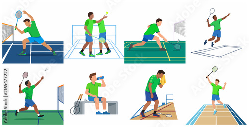 Set of flat vector illustrations depicting professional male badminton players in various action poses, including smashing, serving, doubles teamwork, and resting on the court.