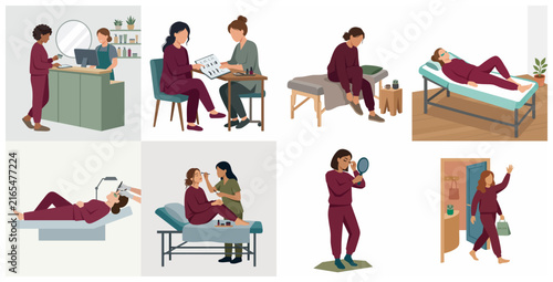 Flat vector illustration set of women receiving various beauty salon and spa treatments, including skincare, makeup, and reception services
