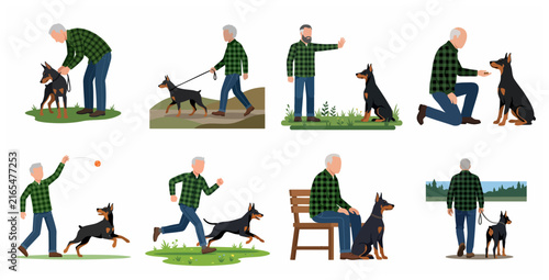 Senior Man and Doberman Pinscher Dog Activities Set, Flat Vector Illustration of Walking, Training, Playing, and Bonding