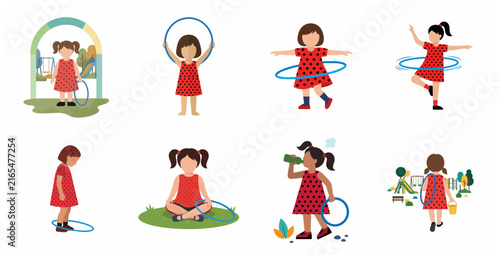 Set of vector illustrations featuring a little girl in a red polka dot dress playing with a hula hoop at a playground, showing various activities and poses