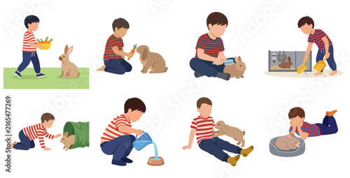 Set of vector illustrations showing a boy caring for his pet rabbit, including feeding, grooming, cleaning the cage, and playing together.