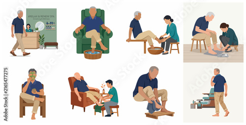 Senior man experiencing various grooming and wellness spa treatments, from foot soaks to facial masks, in a modern vector illustration style.
