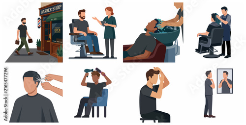 Flat vector illustration set of a man visiting a barbershop for hair cutting, washing, and grooming services.