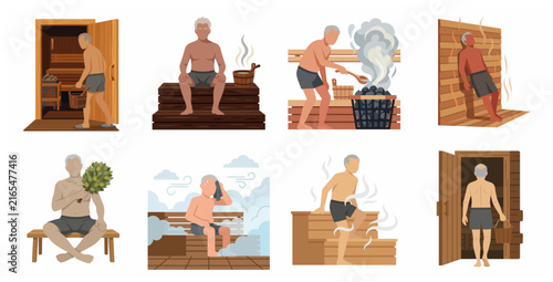 Senior Man Relaxing in Sauna Flat Vector Illustration Set: Spa, Wellness, and Traditional Bathing Scenes