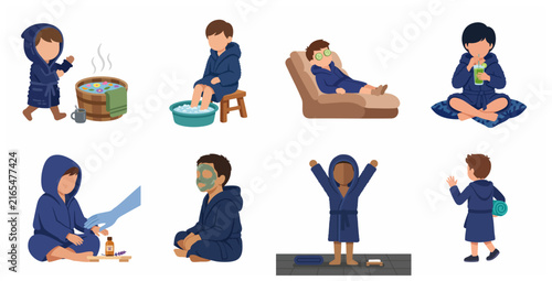 Little Boy Spa Day Illustration Set, Child in Blue Bathrobe Enjoying Wellness Treatments, Facial Mask, Foot Soak and Massage