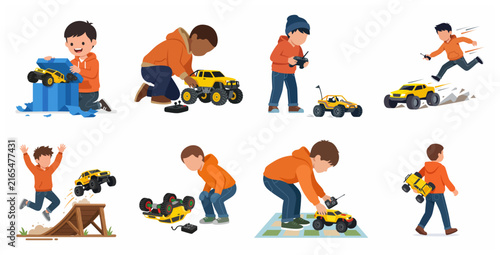 Set of flat vector illustrations of a little boy playing with a remote control yellow monster truck toy, including racing, jumping, and unboxing.