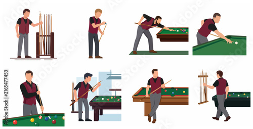 Set of flat vector illustrations of men playing billiards and pool game