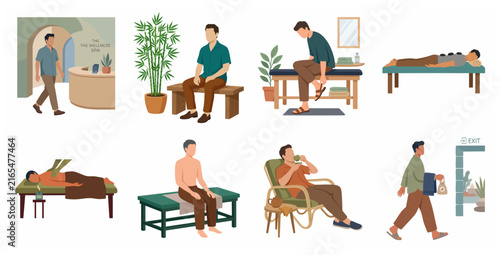 Man visiting wellness spa for massage treatments and relaxation illustration set