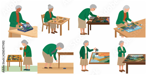 Set of flat illustrations featuring an elderly woman enjoying the hobby of jigsaw puzzles, assembling pieces, finding a missing part, and completing a landscape picture.