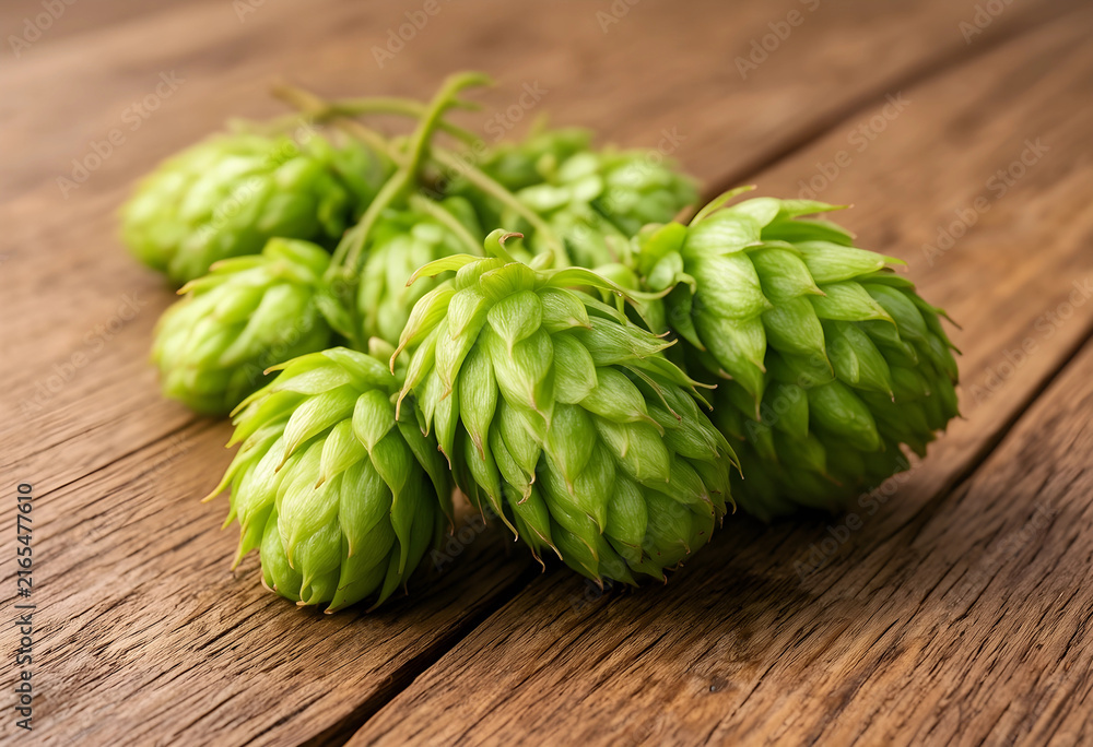 Fototapeta premium Craft beer brewing ingredients, fresh green hop cones on rustic wooden background for beverage and agriculture concepts