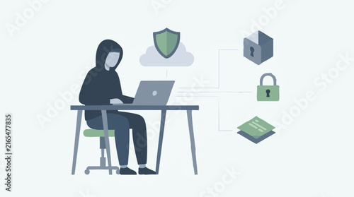 Hacker at laptop with cybersecurity icons, data protection concept