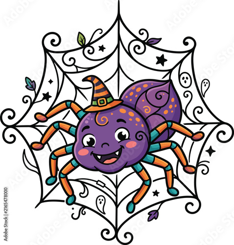 Cute Halloween Spider Character Illustration with Web