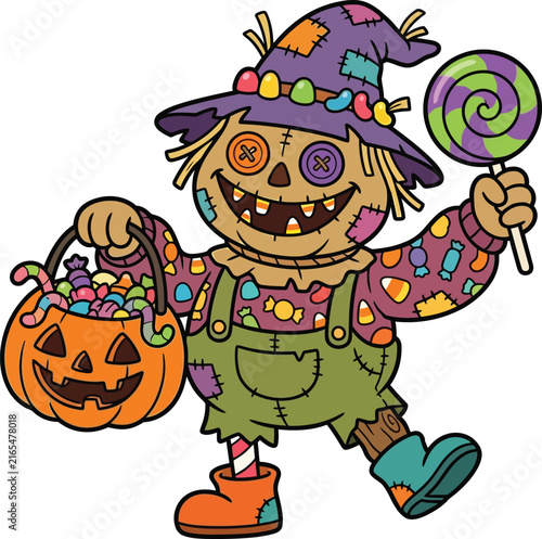 Cute Halloween Scarecrow Character Holding Pumpkin Candy Bucket and Lollipop Illustration