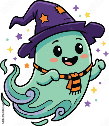 Cute Halloween Ghost Wearing Witch Hat and Scarf Illustration
