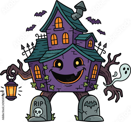 Cute Cartoon Haunted House Character with Ghost and Lantern for Halloween Party Design