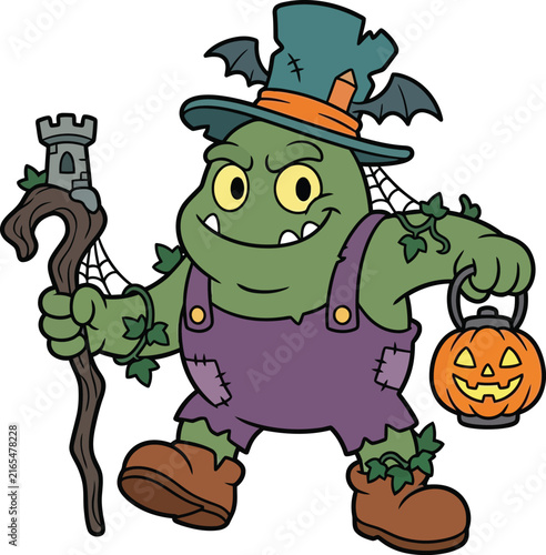Cute Green Monster Character Holding Jack O Lantern and Staff for Halloween Celebration