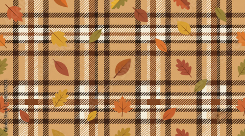 Autumn Plaid Pattern with Falling Leaves Background