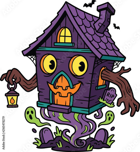 Cute Halloween Haunted House Illustration with Cartoon Style