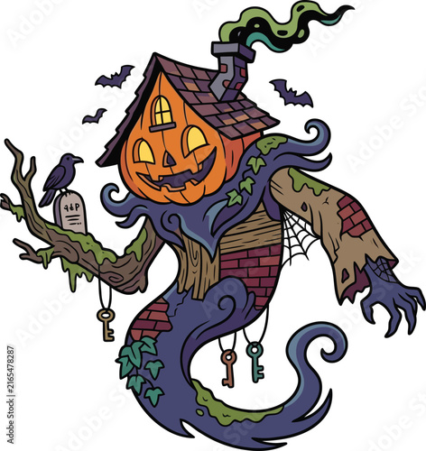 Spooky Halloween Pumpkin House Monster Illustration with Raven and Keys
