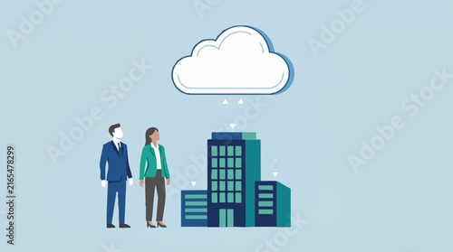 Business professionals with office building and cloud computing technology
