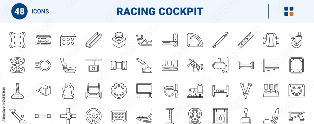 Fototapeta premium Automotive racing simulator frame line icon set. Vector pictograms of cockpit chassis, steering mount, pedal deck, and seat slider elements, thin linear illustration.