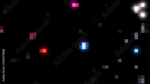 Abstract moving pixelated glowing red and white light particles loop on black background