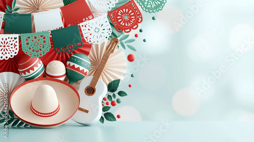 Colorful Mexican fiesta decorations featuring sombrero, guitar, papel picado banners, and festive ornaments arranged on a light background for celebration themes