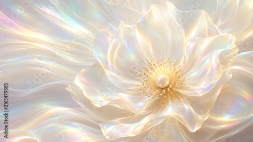 Abstract 3D render of an elegant pearlescent flower with a pearl in the center.