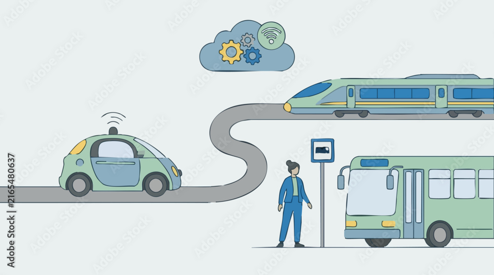 Naklejka premium Smart Transportation Network with Autonomous Car, Train, and Bus