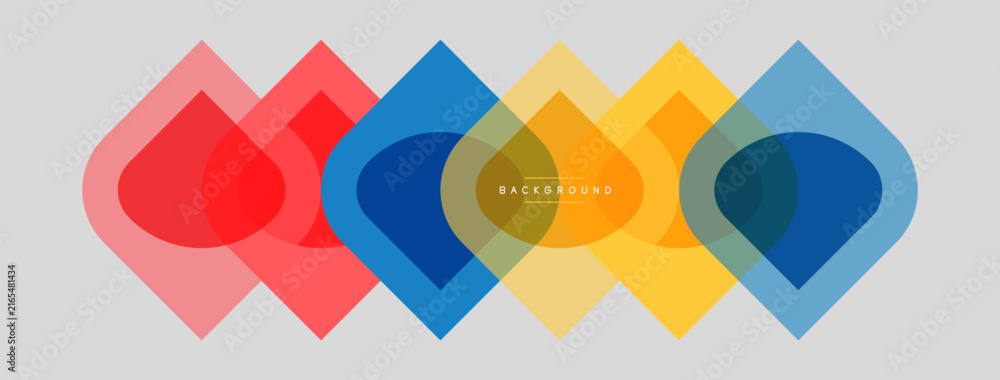 Fototapeta premium Abstract geometric shapes overlap. Colors include pink, red, blue, yellow, gray. Minimalist design creates modern visual effect.