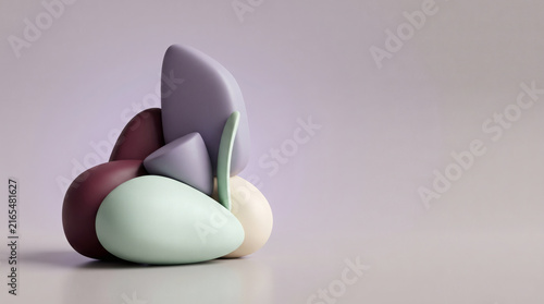 Abstract sculptural balance with smooth organic shapes in burgundy and lavender tones