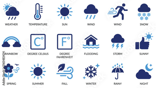 Weather Season Icon Set – Sun, Rain, Snow, Storm, Four Seasons Flat Blue Icons for Forecast and Meteorology Apps