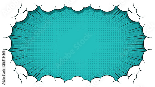Retro Comic Explosion Frame – Teal Halftone Burst Pop Art Speech Bubble Vector Template for Poster and Banner Design