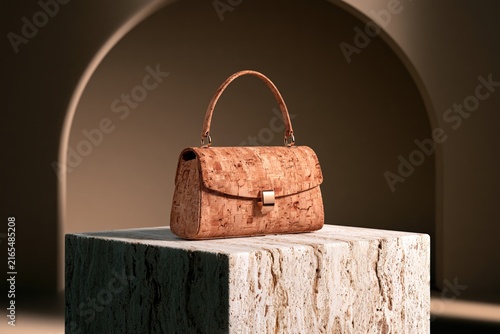 elegant sustainable cork handbag with metallic clasp displayed on stone pedestal in minimalist luxury setting with warm architectural lighting