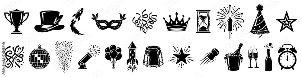 Fototapeta premium New Year party celebration icons and festive event symbols set in flat black vector style