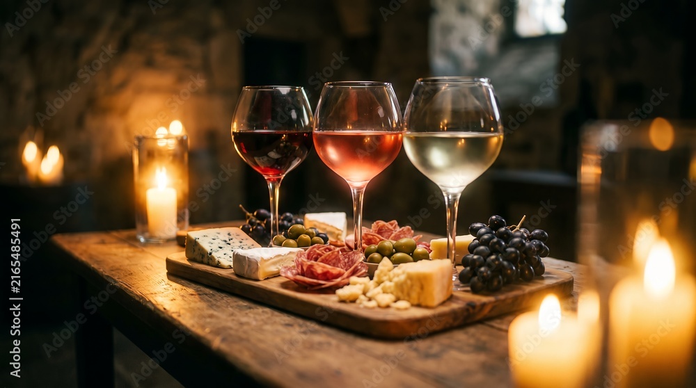 Naklejka premium Glasses of wine and gourmet charcuterie showcasing red rose and white drinks, cheese platter and candlelight cellar atmosphere, concept for luxury food tasting and romantic evening dining