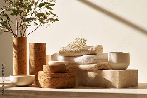 sustainable cork bathroom accessories with soft towels and natural botanical decor, showcasing eco friendly wellness products and minimalist spa interior design