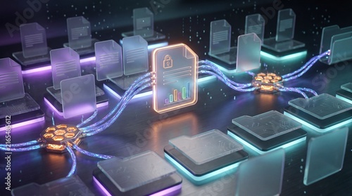 A futuristic digital network illustration, showcasing organized data flow between interconnected nodes and illuminated folders. The central document glows with data.