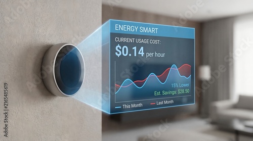 A smart thermostat displaying energy usage costs and savings in a modern living room. The interface shows a graph with usage trends and estimated savings, highlighting efficiency and cost management