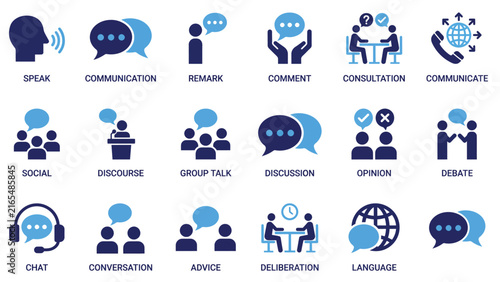 Communication Discussion Icon Set – Chat, Comment, Debate, Consultation, Social Talk Flat Blue Icons for Social Media Appsl