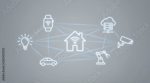 A smart home network diagram with icons representing various connected devices such as a house, car, robot arm, security camera, cloud server, smart watch, and light bulb.