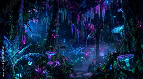 A mystical, bioluminescent forest at night, alive with glowing plants, fungi, and ethereal mist. The scene evokes a sense of wonder and enchantment